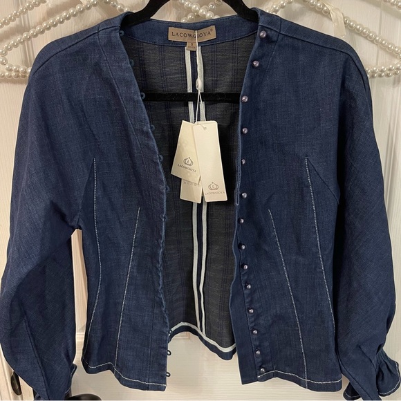 Navy Dark Jean Like Pearl Button-Up Blouse - Picture 2 of 8